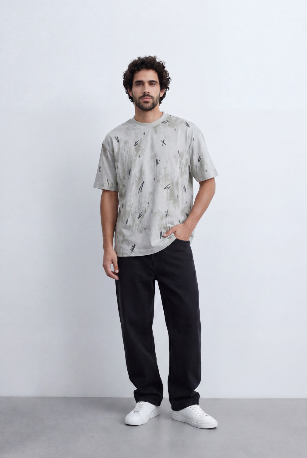 Men’s Abstract Wash T-Shirt Scribble Print Detail