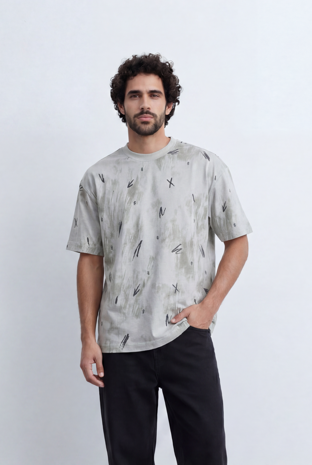 Men’s Abstract Wash T-Shirt Scribble Print Detail