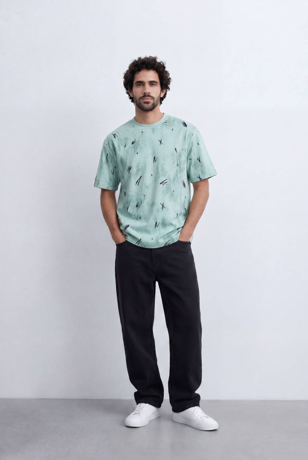 Men’s Abstract Wash T-Shirt Scribble Print Detail