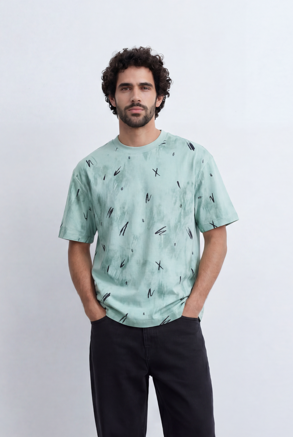 Men’s Abstract Wash T-Shirt Scribble Print Detail