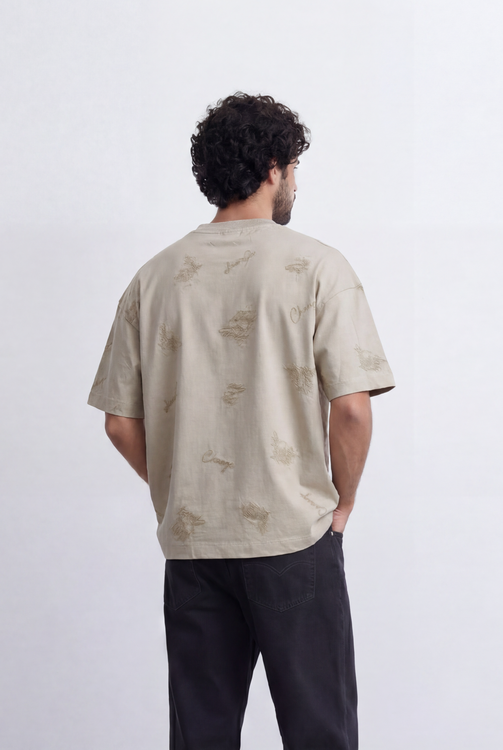 Men’s All Over Embroidery T-Shirt Tonal Artwork Detail