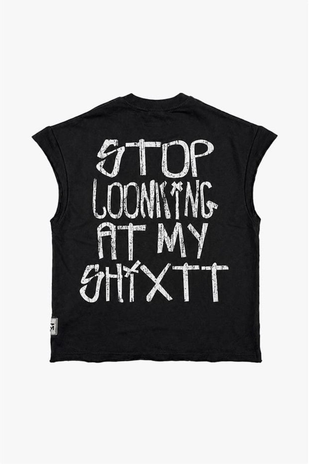 Black sleeveless shirt with white text on a white background