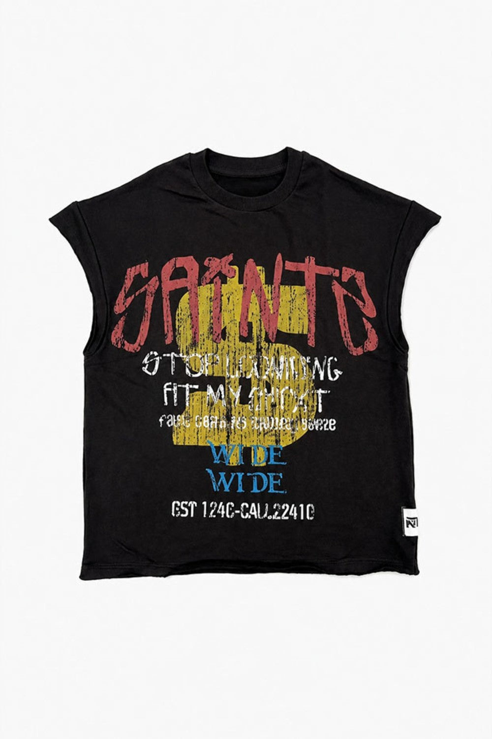 A black sleeveless crop top t-shirt featuring a distressed graphic print with the word 'SAINTS' in red, a yellow '15' with 'WIDE' underneath, and white text reading 'STOP LEAVING FIT MY WAY' and 'WIDE'.