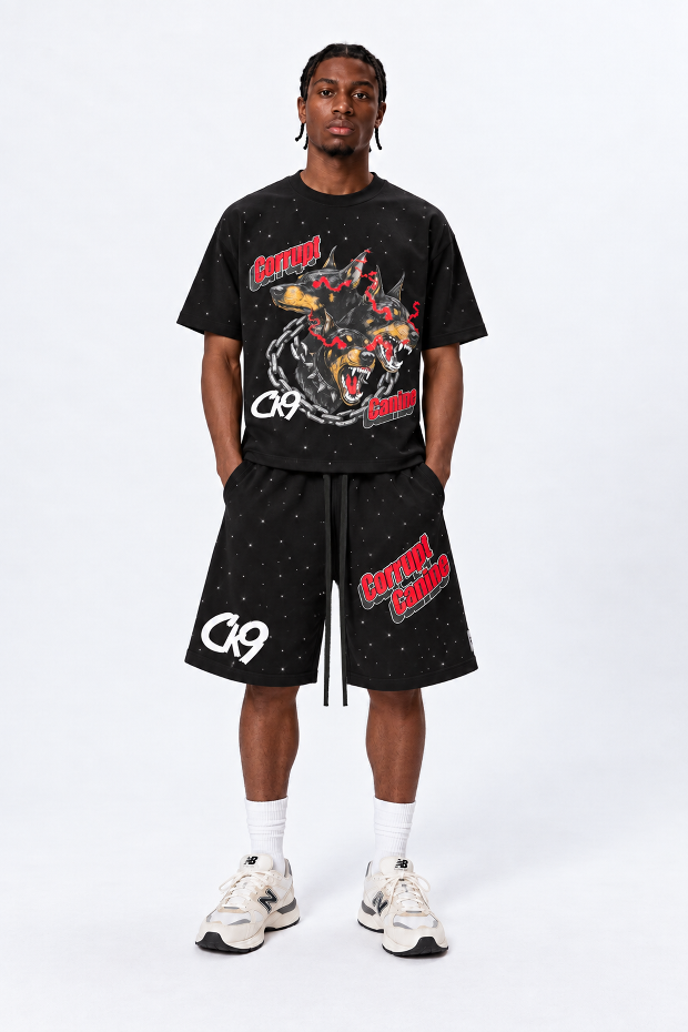Men's black oversized t-shirt with a graphic of three chained Dobermans with red eyes and flames.