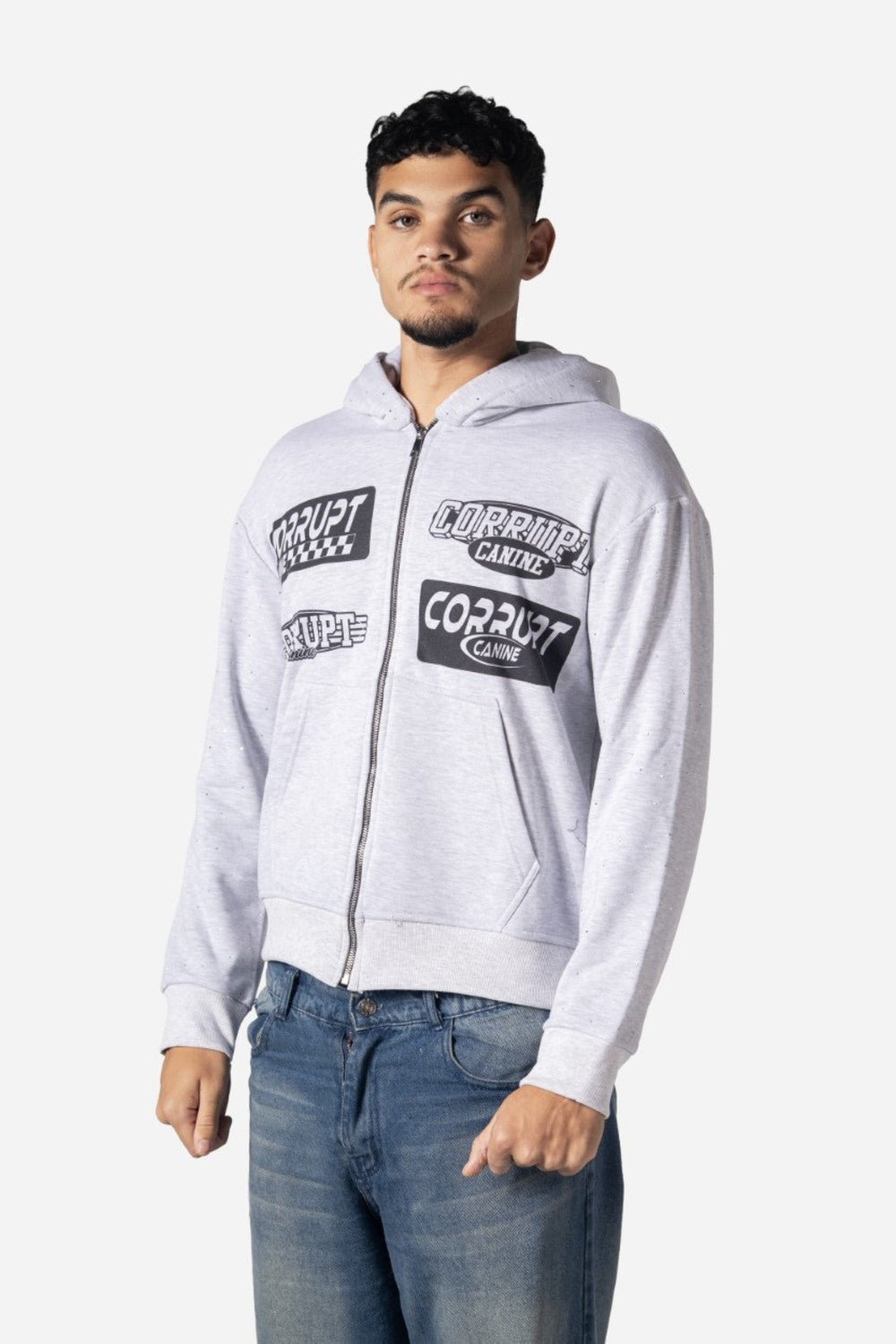 Men's light grey zip-up hoodie with multiple black and white logos and rhinestone details.