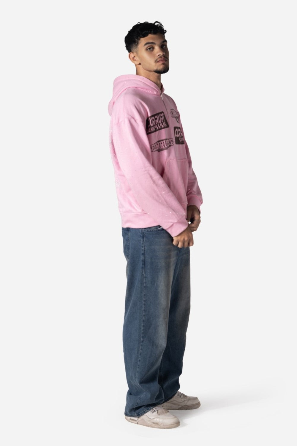 Logos Print Rhinestone Zip-Up Men Hoodie