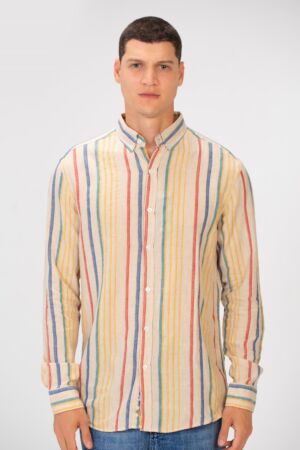 Striped Linen Regular Fit Long Sleeves Shirt with Full Front Button